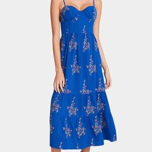 Betsey Johnson Floral Embroidered Blue Bustier Midi Dress
